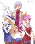  blonde_hair covering_mouth dress drill_hair fan feathered_wings feathers folding_fan hand_over_own_mouth hat highres jacket katana kishin_sagume long_hair multiple_girls purple_hair red_eyes short_hair silver_hair single_wing six_(fnrptal1010) sword touhou watatsuki_no_toyohime watatsuki_no_yorihime weapon wings yellow_eyes 