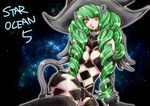  cat_tail copyright_name curly_hair fiore_brunelli green_hair hair_ornament hairclip hat long_hair revealing_clothes sitting solo star_ocean star_ocean_integrity_and_faithlessness tail tomygrave wings yellow_eyes 