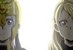  1boy 1girl arslan arslan_senki blonde_hair blue_eyes brown_eyes ester long_hair simple_background tooth white_hair 