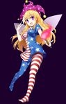  american_flag_dress american_flag_legwear blonde_hair blush breasts clownpiece double_v fairy_wings full_body hat jester_cap jpeg_artifacts legs long_hair looking_at_viewer medium_breasts open_mouth pantyhose print_legwear purple_eyes short_sleeves simple_background smile solo star star-shaped_pupils striped striped_legwear symbol-shaped_pupils touhou v wings yada_(xxxadaman) 