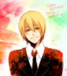  arsmagna bad_id bad_pixiv_id blonde_hair brown_eyes formal gradient gradient_background happy_birthday lowres male_focus ooyama_(hnk1018) sakakibara_tatsuki smile solo suit 