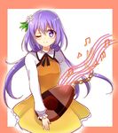  beamed_eighth_notes biwa_lute cowboy_shot dress eighth_note flower hair_flower hair_ornament instrument lavender_hair long_hair long_sleeves looking_at_viewer lute_(instrument) musical_note neck_ribbon one_eye_closed purple_eyes quarter_note ribbon sketch smile solo staff_(music) touhou tsukumo_benben yada_(xxxadaman) 