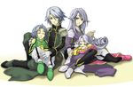  breasts dio_(tales) dios_(tales) dress earrings eyes_closed gloves grey_eyes grey_hair headband jewelry long_hair mel_(tales) meltia_(tales) pants pantyhose purple_eyes shoes short_hair shoulder_pads sleeping smile tales_of_(series) tales_of_phantasia:_narikiri_dungeon_x wide_sleeves 