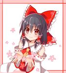  ascot bad_id bad_twitter_id bare_shoulders black_hair blush bow detached_sleeves flower hair_bow hair_tubes hakurei_reimu looking_at_viewer nontraditional_miko open_hands palms red_eyes short_hair sketch smile solo touhou upper_body wide_sleeves yada_(xxxadaman) 