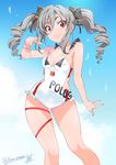  :d arm_up blue_sky bow breasts cleavage day drill_hair fingernails grey_hair hair_between_eyes hair_bow idolmaster idolmaster_cinderella_girls inoue_sora jpeg_artifacts kanzaki_ranko long_hair medium_breasts nail_polish one-piece_swimsuit open_mouth outstretched_hand red_eyes ribbon sidelocks skindentation sky smile solo swimsuit thigh_ribbon thighs twin_drills twitter_username 