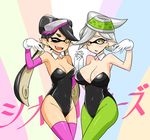  2girls alternate_costume aori_(splatoon) blush breasts brown_eyes cleavage detached_collar domino_mask earrings elbow_gloves fang gloves green_legwear holding_hands hotaru_(splatoon) jewelry large_breasts leotard long_hair looking_at_viewer mask medium_breasts mole mole_on_breast mole_under_eye multiple_girls one_eye_closed open_mouth pantyhose pink_legwear playboy_bunny_leotard pointy_ears short_hair smile splatoon_(series) splatoon_1 standing strapless tentacle_hair thighhighs translated white_gloves zaxwu 