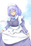  ^_^ absurdres alternate_costume apron blue_hair blush breasts closed_eyes enmaided gradient_hair highres kokka_han large_breasts letty_whiterock maid maid_headdress multicolored_hair open_mouth purple_hair short_hair smile solo touhou two-tone_hair 