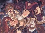  2girls bare_shoulders blush breasts brown_hair clothed_sex cross cum cum_on_body cum_on_breasts cum_on_upper_body femdom full-face_blush highres horns large_breasts long_hair monk_(ragnarok_online) monster multiple_girls open_mouth overflow paizuri pointy_ears purple_hair ragnarok_online rape saliva tears tentacle tongue xration yuri zealotus zherlthsh 