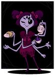  2015 anthro arachnid arthropod beverage black_eyes clothing colored croissant dress food grey_skin hair hair_bow lithiumbot looking_at_viewer muffet multi_limb multiple_eyes plate purple_hair solo spider tea tea_cup tea_pot undertale 