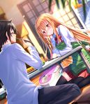  1girl apron bandaid bandaid_on_finger black_legwear blonde_hair blurry blush box_stack brother_and_sister brown_eyes chin_rest chopsticks closed_eyes commentary_request depth_of_field doma_taihei doma_umaru dutch_angle eating facing_another food glasses highres himouto!_umaru-chan long_hair long_sleeves looking_at_another miniskirt nose_blush on_floor pants red_skirt rice_cooker school_uniform shirt siblings sitting skirt sliding_doors smile sunlight swordsouls table thighhighs wariza white_shirt wooden_floor zettai_ryouiki 