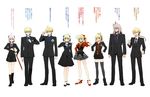  4girls ahoge arthur_pendragon_(fate) artoria_pendragon_(all) braid breasts business_casual business_suit clenched_hand collar commentary_request fate/apocrypha fate/extra fate/extra_ccc fate/grand_order fate/prototype fate/stay_night fate/strange_fake fate_(series) flower formal gawain_(fate/extra) hair_ribbon hand_on_hip hand_on_own_chest highres holding holding_sword holding_weapon katana koha-ace large_breasts long_hair messy_hair mordred_(fate) mordred_(fate)_(all) multiple_boys multiple_girls nero_claudius_(fate) nero_claudius_(fate)_(all) okita_souji_(fate) okita_souji_(fate)_(all) ribbon saber saber_(fate/strange_fake) shimaneko siegfried_(fate) suit sword translation_request weapon 