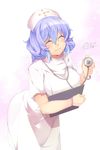  ^_^ absurdres alternate_costume blue_hair blush breasts clipboard closed_eyes gradient_hair highres kokka_han large_breasts letty_whiterock multicolored_hair nurse open_mouth purple_hair short_hair smile solo stethoscope touhou two-tone_hair 