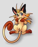  2015 blush cat feline female feral fur looking_at_viewer lying mammal melanie_the_meowth meowth nintendo nude ohmuu on_back pok&eacute;mon presenting pussy ribbons simple_background smile solo video_games 