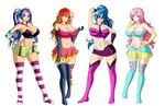  4girls aqua_eyes aria_blaze blue_hair breasts cleavage curvy dark_skin erect_nipples fluttershy full_body hair_ornament large_breasts long_hair looking_at_viewer multiple_girls my_little_pony my_little_pony_equestria_girls my_little_pony_friendship_is_magic navel pink_eyes pink_hair ponytail purple_eyes red_hair smile sonata_dusk standing sunset_shimmer thick_thighs thighhighs wide_hips 