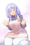  :d ^_^ absurdres alternate_costume apron blue_hair blush breasts closed_eyes gradient_hair highres kindergarten_teacher kokka_han large_breasts letty_whiterock multicolored_hair name_tag open_mouth plump purple_hair short_hair sitting smile solo touhou two-tone_hair wariza 