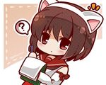  ? animal_ears bare_shoulders bloom2425 blush brown_eyes brown_hair cat_ears chibi clipboard commentary detached_sleeves fake_animal_ears hair_ornament hairband holding holding_pen japanese_clothes kantai_collection looking_at_viewer miko natori_(kantai_collection) pen ribbon school_uniform serafuku short_hair solo speech_bubble spoken_question_mark twitter_username white_hairband 