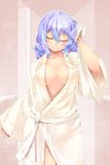  absurdres bathrobe blue_hair blush breasts cleavage closed_eyes commentary gradient_hair hair_between_eyes highres kokka_han large_breasts letty_whiterock multicolored_hair purple_hair short_hair smile solo touhou wet 