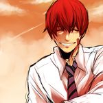  arsmagna bad_id bad_pixiv_id bandaid bandaid_on_face closed_eyes kano_akira_(arsmagna) lowres male_focus necktie ooyama_(hnk1018) red_hair smile solo sunset upper_body 