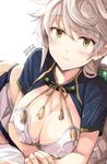  asymmetrical_hair blush braid breasts cleavage close-up cloud_print colored_eyelashes commentary_request crop_top crossed_arms jitome kantai_collection large_breasts light_smile long_hair looking_at_viewer lying midriff on_stomach silver_hair single_braid solo tomozo_kaoru unryuu_(kantai_collection) very_long_hair yellow_eyes 