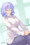  absurdres alternate_costume bendy_straw blue_hair blush breasts closed_eyes cup drinking_straw gradient_hair highres kokka_han large_breasts letty_whiterock multicolored_hair pants purple_hair ribbed_sweater short_hair sitting smile solo sweater touhou turtleneck two-tone_hair 