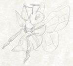 2015 arthropod bee beedrill blush female feral horn insect looking_at_viewer monochrome nintendo pencil_(artwork) pok&eacute;mon pussy simple_background solo traditional_media_(artwork) video_games white_background wings yaroul 