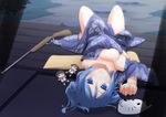  blue_eyes blue_hair breasts commentary_request doll highres isokaze_(kantai_collection) japanese_clothes kantai_collection kimono large_breasts looking_at_viewer mask mask_removed solo tanikaze_(kantai_collection) toy_gun urakaze_(kantai_collection) yukata yuuki_eishi 