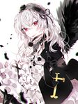  bad_id bad_pixiv_id black_wings feathered_wings hairband long_hair looking_at_viewer piyo_(ppotatto) red_eyes rozen_maiden smile solo suigintou white_hair wings 