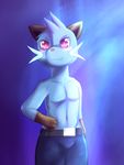  2015 anthro anthrofied blue_fur blush bulge clothed clothing cute dewott fur hair half-dressed looking_at_viewer nintendo pants pink_eyes pink_nose pok&eacute;mon seiken solo topless video_games whiskers 