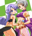  2girls back bare_shoulders blue_eyes blue_hair blush bracelet breasts brown_eyes caro_orange grey_hair headband jewelry long_hair mel_(tales) midriff multiple_girls open_mouth ribbon see-through short_hair tales_of_(series) tales_of_phantasia:_narikiri_dungeon_x tales_of_the_world:_narikiri_dungeon underboob 