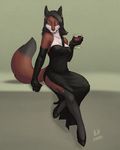  2015 alcohol anthro beverage black_hair canine clothing dress elbow_gloves female food fox glass gloves hair high_heels looking_at_viewer mammal mosa pose sitting solo wine yellow_eyes 