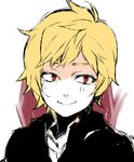  bad_id bad_pixiv_id blonde_hair hood hoodie kagerou_project kano_shuuya male_focus ooyama_(hnk1018) partially_colored red_eyes simple_background smile solo upper_body white_background younger 