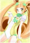  adapted_costume brown_hair choker clover cure_rosetta dokidoki!_precure dorasan four-leaf_clover green_choker highres leotard long_hair mouth_hold precure side-tie_leotard solo twintails white_leotard yellow_eyes yellow_leotard yotsuba_alice 