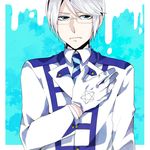  arsmagna blue_eyes glasses gloves grey_hair hand_over_heart izumi_sou male_focus mole school_uniform solo upper_body white_gloves yuuga_(faku-to) 
