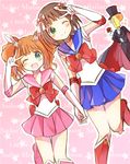  amami_haruka ayuko_(ayuco) bishoujo_senshi_sailor_moon blue_sailor_collar bow brown_hair cape choker cosplay elbow_gloves gloves green_eyes hat idolmaster idolmaster_(classic) magical_girl mask multiple_girls one_eye_closed open_mouth p-head_producer pink_choker pink_sailor_collar red_choker sailor_chibi_moon sailor_chibi_moon_(cosplay) sailor_collar sailor_moon sailor_moon_(cosplay) sailor_senshi_uniform short_hair skirt smile takatsuki_yayoi top_hat tuxedo tuxedo_kamen tuxedo_kamen_(cosplay) twintails w 