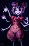  anthro arachnid arthropod fangs female fiship grey_skin hair hair_bow lips looking_at_viewer muffet multi_limb multiple_eyes noseless purple_eyes purple_hair smile solo spider spider_web tea_cup tea_pot undertale 