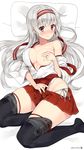  blush breasts brown_eyes cleavage hairband heart heart-shaped_pupils highres japanese_clothes jewelry kantai_collection kuro_chairo_no_neko large_breasts long_hair off_shoulder panties remodel_(kantai_collection) ring shoukaku_(kantai_collection) side-tie_panties silver_hair solo symbol-shaped_pupils thighhighs underwear wedding_band 