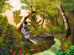  black_hair blue_eyes book creek cuddling equine eyes_closed fan_character female forest hair hi_res horse male mammal my_little_pony outside pony reading rock tree twotail813 water 