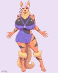  2015 amber_eyes anthro arcanine big_breasts black_fur black_nose breasts claws cleavage clothed clothing female fur hair hi_res huge_breasts lips long_hair makeup navel nintendo orange_fur plankboy pok&eacute;mon red_lips skimpy smile solo thick_thighs video_games white_hair wide_hips yellow_fur 
