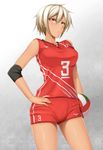  blazblue bullet_(blazblue) dark_skin elbow_pads hand_on_hip handball looking_at_viewer open_mouth scar shaito short_hair shorts silver_hair solo sportswear yellow_eyes 