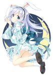  :o animal_ears animal_print bare_legs blush bunny_ears bunny_print bunny_tail checkered checkered_clothing checkered_kimono crescent_moon fake_animal_ears full_body gochuumon_wa_usagi_desu_ka? green_eyes hair_ornament hairband hairclip japanese_clothes kafuu_chino kimono kimono_skirt long_hair looking_at_viewer moon obi peko sash shoes silver_hair socks solo tail white_background white_legwear wide_sleeves x_hair_ornament yukata 