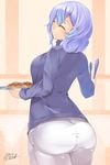  ^_^ absurdres alternate_costume ass blue_hair blush breasts closed_eyes croissant dated food from_behind gradient_hair hair_ornament hairpin highres kokka_han large_breasts letty_whiterock looking_back multicolored_hair pants purple_hair short_hair simple_background smile solo tongs touhou tray two-tone_hair 