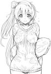  blush bow brown_eyes greyscale hair_bow hirowa_nagi long_hair looking_at_viewer love_live! love_live!_school_idol_project minami_kotori monochrome one_side_up sketch smile solo wet wet_clothes 