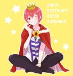  absurdres arsmagna bandaid bandaid_on_face character_name crown happy_birthday highres indian_style kano_akira_(arsmagna) male_focus mini_crown one_eye_closed red_eyes red_hair simple_background sitting smile solo star tsukimi_(tsukim512) yellow_background 