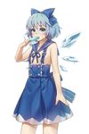  adapted_costume bare_arms blue_eyes blue_hair blush bobomaster bow cirno collarbone gari_gari-kun hair_bow highres ice ice_wings jitome naked_suspenders no_bra solo spilling suspenders touhou wings 