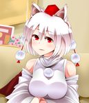  animal_ears bad_id bad_pixiv_id bare_shoulders breasts derivative_work detached_sleeves doge hat highres inubashiri_momiji kaboom_(bunsyakaboom) large_breasts looking_at_viewer lying meme on_stomach open_mouth pom_pom_(clothes) red_eyes short_hair silver_hair solo tokin_hat touhou wolf_ears 