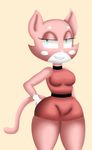  anthro breasts cat clothed clothing duzell feline female fur green_eyes invalid_tag mammal pink_fur shima_luan simple_background small_breasts smile solo super_planet_dolan thick_thighs youtube 
