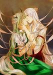  bad_id bad_pixiv_id bandages chin_grab commentary_request dress ex-keine fujiwara_no_mokou green_dress half_updo hand_on_another's_arm hele highres horns imminent_kiss kamishirasawa_keine long_hair multicolored_hair multiple_girls profile sketch tail tears touching touhou two-tone_hair very_long_hair yuri 