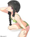  bangs bikini black_hair blunt_bangs breasts cleavage green_bikini isshiki_(ffmania7) kantai_collection kitakami_(kantai_collection) looking_at_viewer navel parted_lips purple_eyes seiza sidelocks simple_background sitting small_breasts solo swimsuit twitter_username white_background 