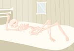  ambiguous_gender bed blush bone cute eyeless hi_res inviting looking_at_viewer lying melonpussy not_furry on_back open_mouth rib_cage ribs simple_background skeleton skull solo undead wide_hips window 