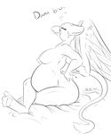  2012 angry anthro areola avian beak belly big_belly breasts dialogue english_text eyes_closed feathers female fur gryphon hand_on_butt monochrome nightfaux nipples nude pawpads paws pregnant raised_tail side_boob side_view simple_background sitting solo sparra text white_background wings wounded 